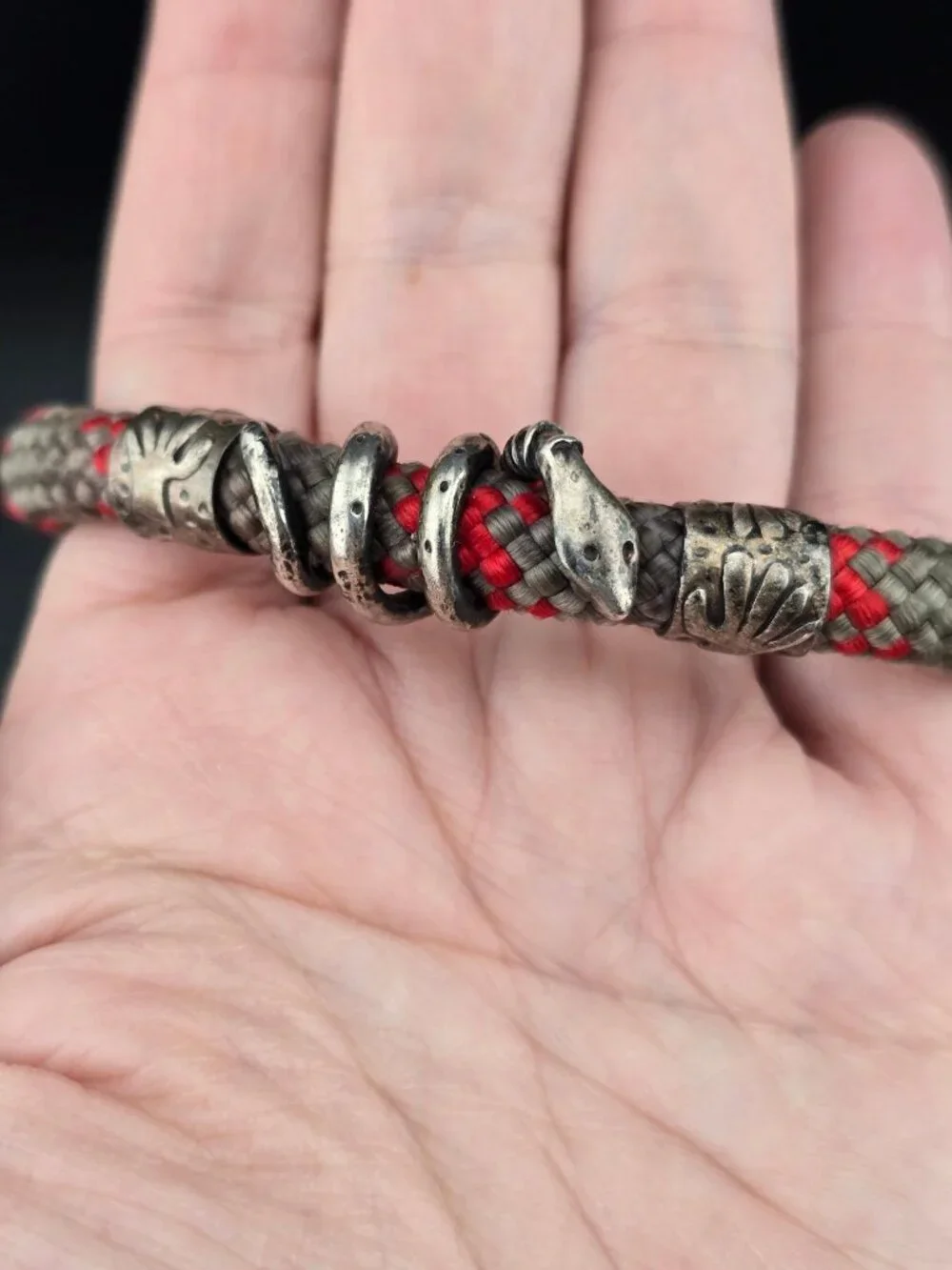 Vintage Mens Snake Red and Gray Cord Bracelet Metal Accents 6.25